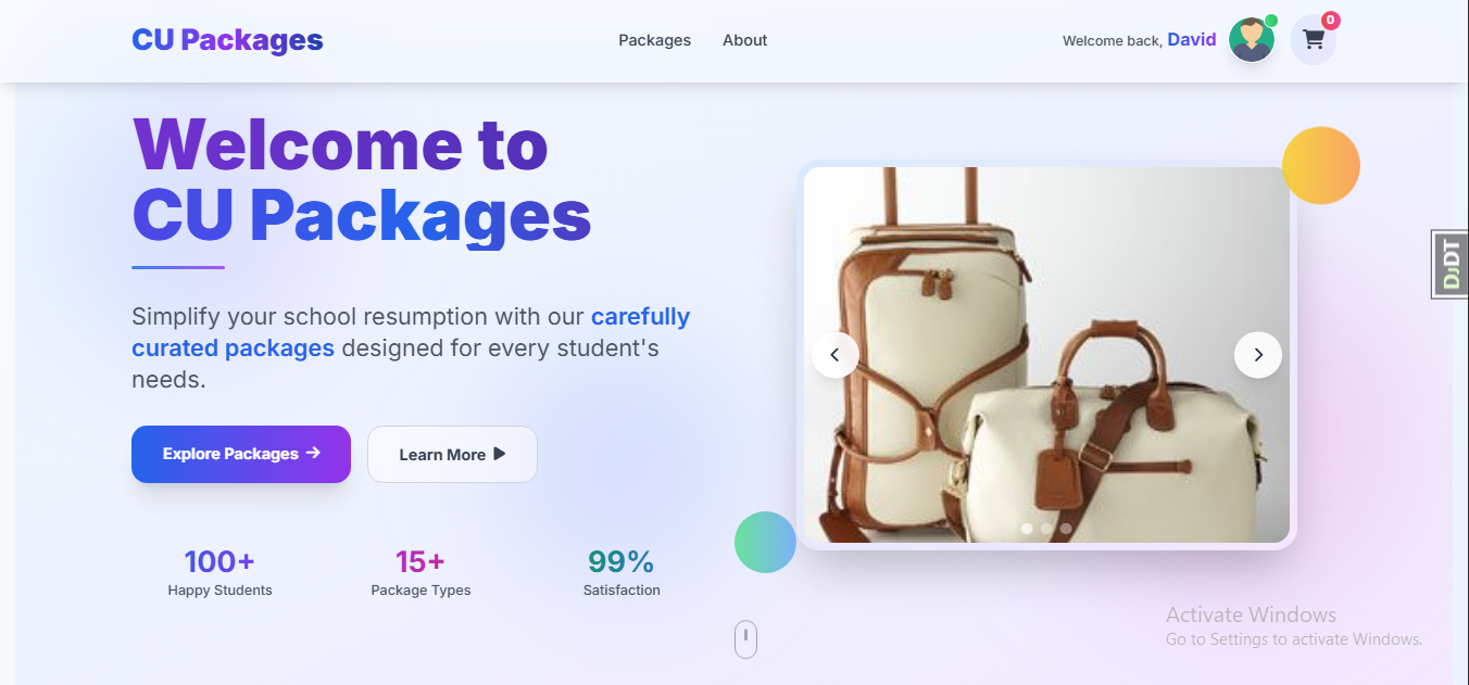 CU Packages e-commerce platform interface showing package management system with clean, modern design and user-friendly navigation